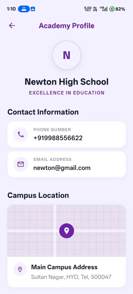 School Hostel Management Software - AcadLynk school profile with contact details and campus location