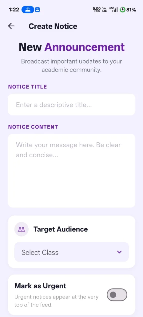 Parent Communication App for Schools - AcadLynk create announcement screen with class targeting
