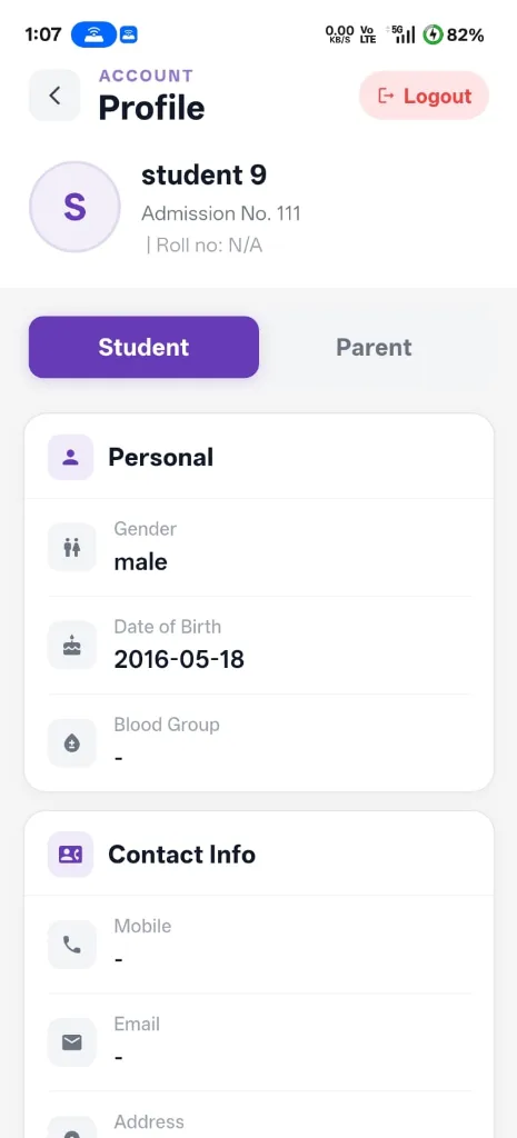 Online Admission Management System for Schools - AcadLynk student account profile screen
